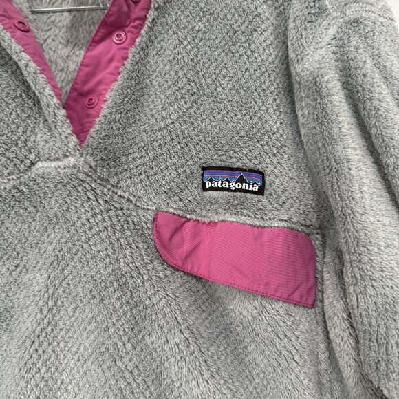 Patagonia Sweater Womens Large Gray Pink Hooded Fleece Pullover Synchilla Lining - Picture 2 of 9